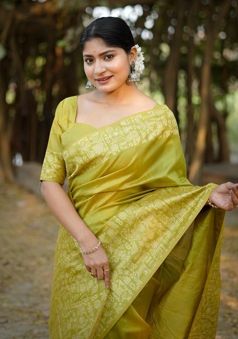 Pista Green Embroidered Raw Silk Saree Set