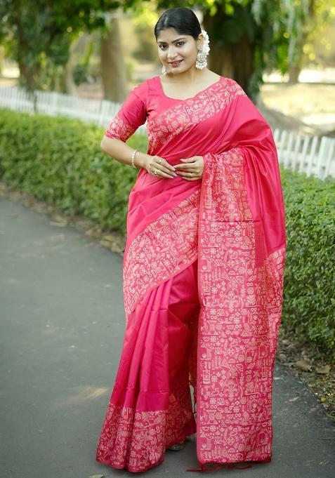 Pink Embroidered Raw Silk Saree Set