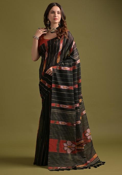 Black Embroidered Cotton Saree Set