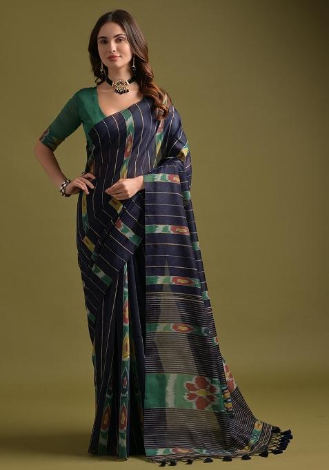 Blue Embroidered Cotton Saree Set