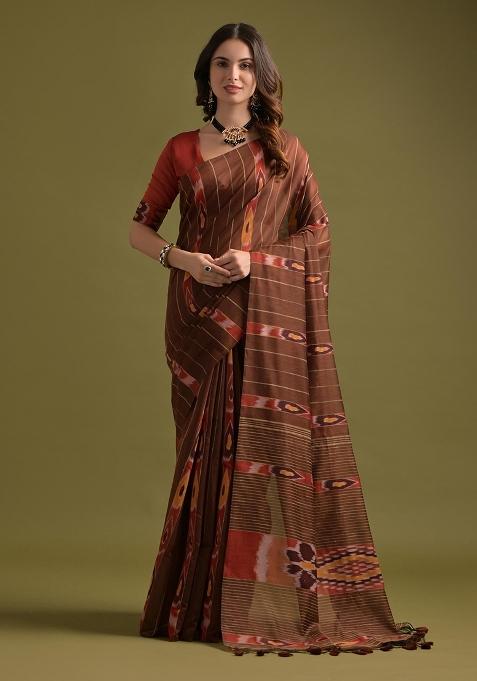 Coffee Brown Embroidered Cotton Saree Set