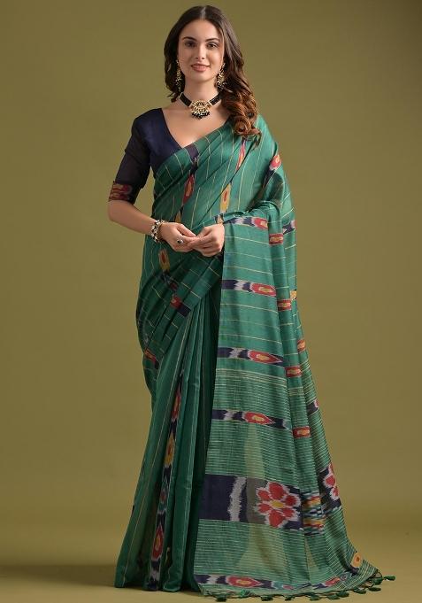 Rama Embroidered Cotton Saree Set
