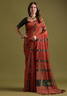Red Embroidered Cotton Saree Set