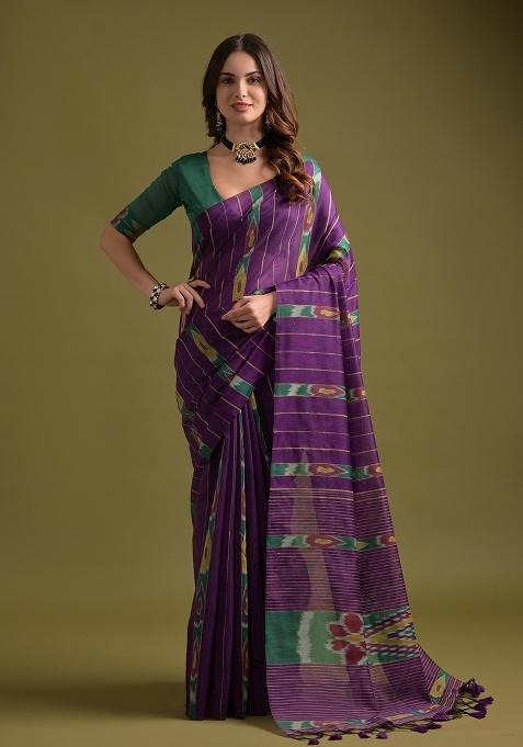 Wine Embroidered Cotton Saree Set