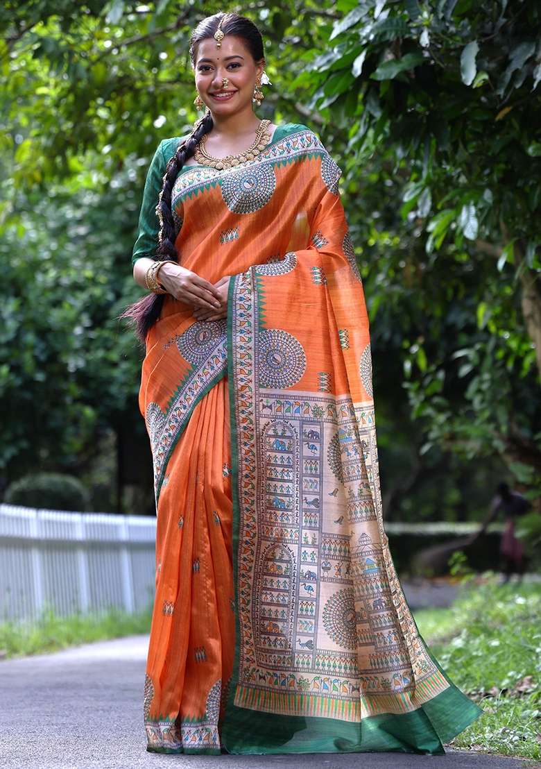 Orange Embroidered Tussar Silk Blend Saree Set for Diwali and Festive Wear - Indya