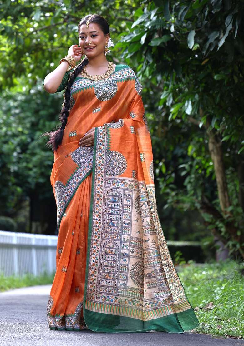 Orange Embroidered Tussar Silk Blend Saree Set for Diwali and Festive Wear - Indya