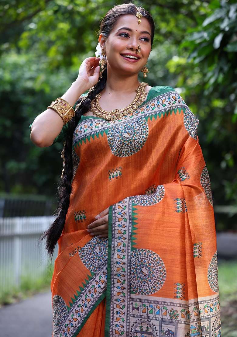 Orange Embroidered Tussar Silk Blend Saree Set for Diwali and Festive Wear - Indya