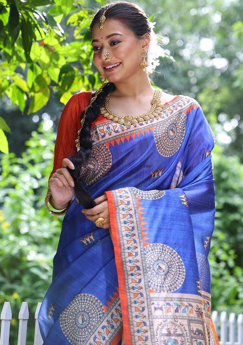 Blue Embroidered Tussar Silk Saree Set