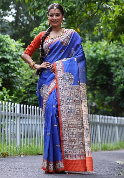 Blue Embroidered Tussar Silk Saree Set