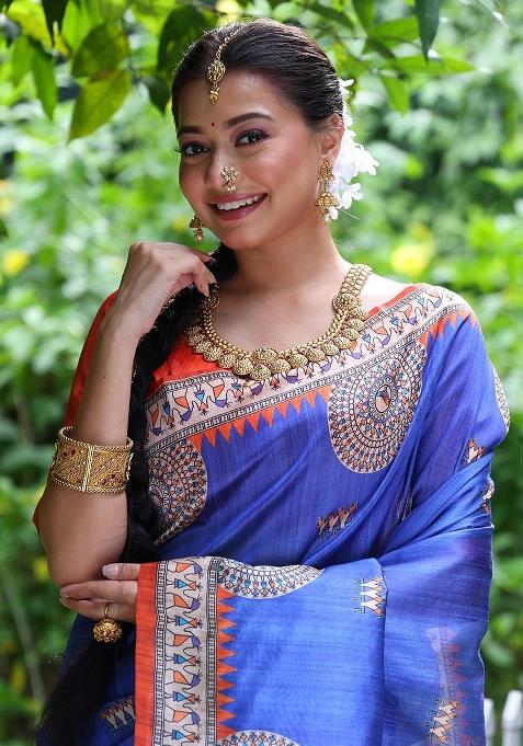 Blue Embroidered Tussar Silk Saree Set