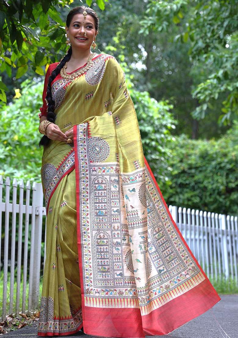 Pista Green Tussar Silk Blend Saree Set with Embroidered for Diwali | Wedding & Festive Wear - Indya