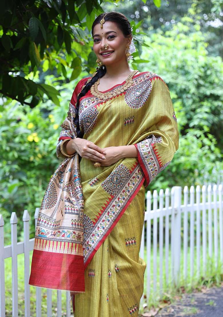 Pista Green Tussar Silk Blend Saree Set with Embroidered for Diwali | Wedding & Festive Wear - Indya