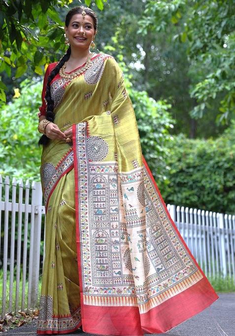 Pista Green Embroidered Tussar Silk Saree Set