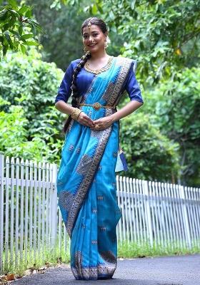 Sky Blue Embroidered Tussar Silk Blend Saree Set