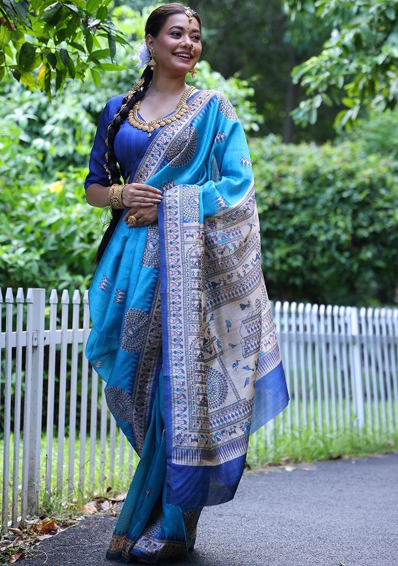 Sky Blue Embroidered Tussar Silk Saree Set