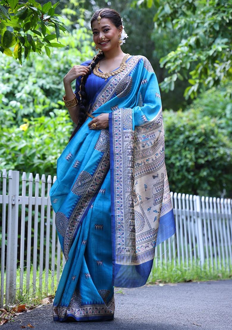 Sky Blue Embroidered Tussar Silk Saree Set