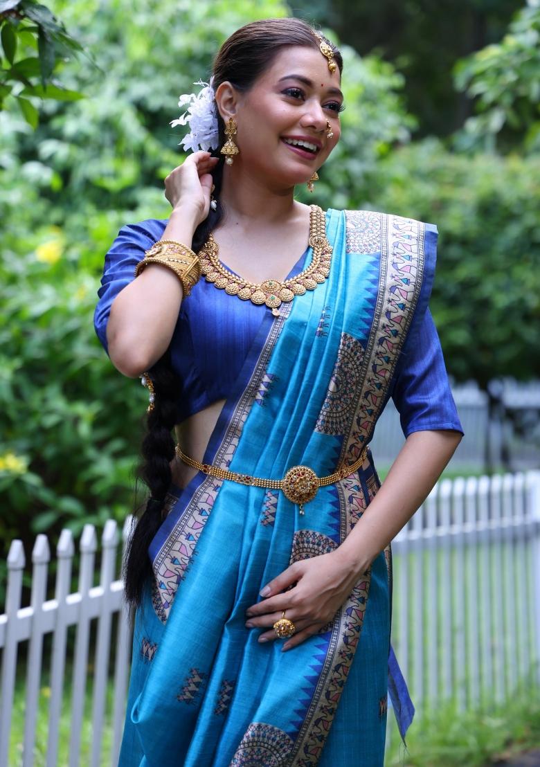 Sky Blue Embroidered Tussar Silk Saree Set