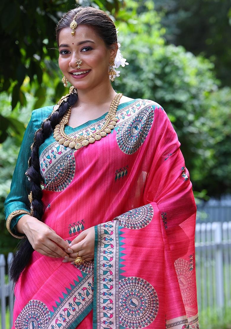 Red Embroidered Tussar Silk Saree Set