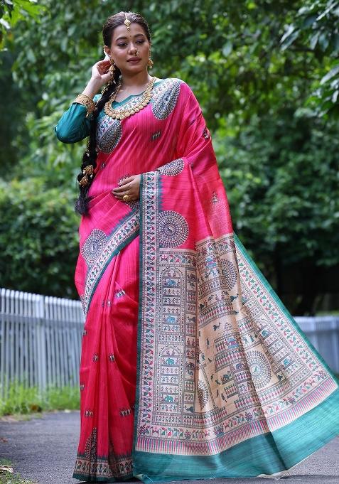 Red Embroidered Tussar Silk Saree Set