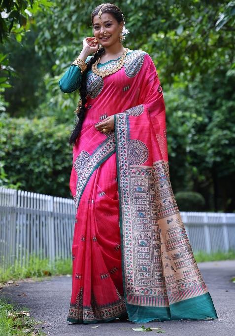 Red Embroidered Tussar Silk Saree Set