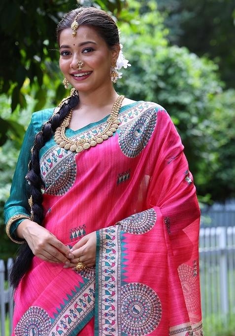 Red Embroidered Tussar Silk Saree Set