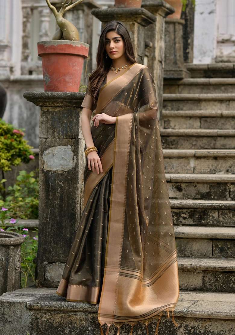 Coffee Brown Zari Weaving Silk Blend Saree Set for Diwali | Wedding & Festive Wear - Indya