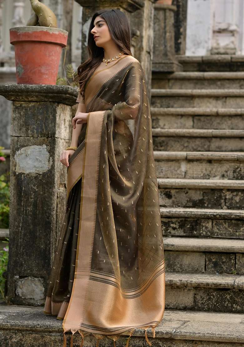 Coffee Brown Zari Weaving Silk Blend Saree Set for Diwali | Wedding & Festive Wear - Indya