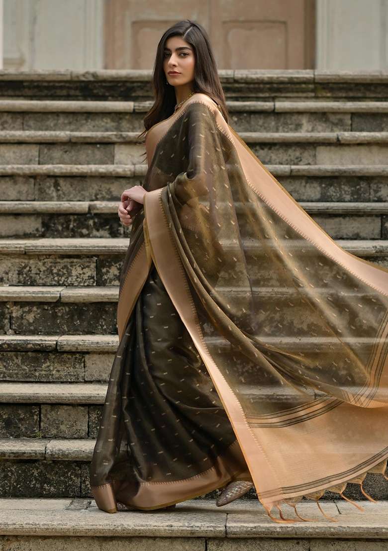 Coffee Brown Zari Weaving Silk Blend Saree Set for Diwali | Wedding & Festive Wear - Indya