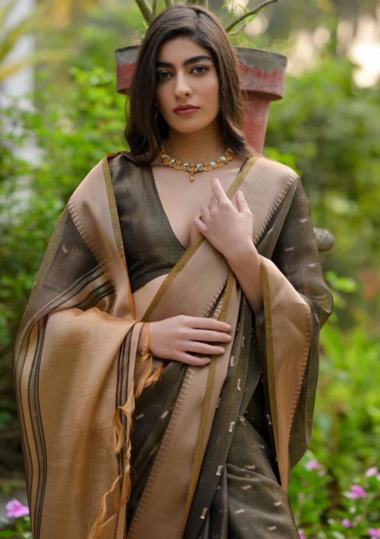 Coffee Brown Zari Weaving Silk Blend Saree Set for Diwali | Wedding & Festive Wear - Indya