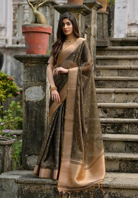Coffee Brown Zari Weaving Silk Saree Set