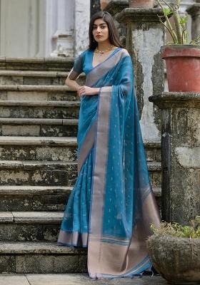Firozi Zari Weaving Silk Blend Saree Set