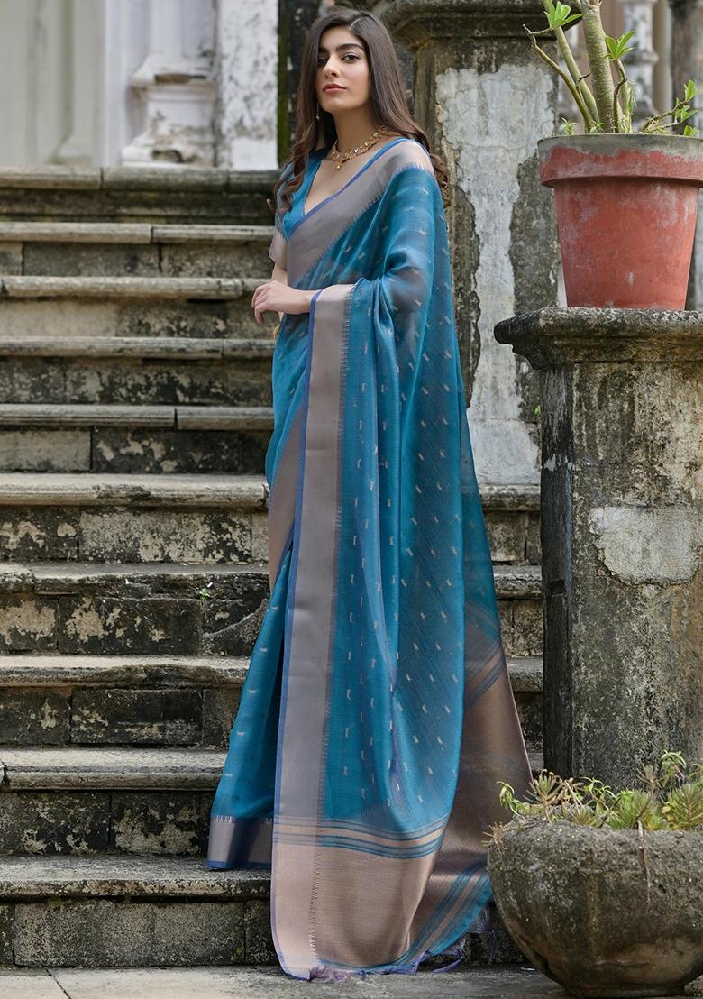 Firozi Zari Weaving Silk Saree Set