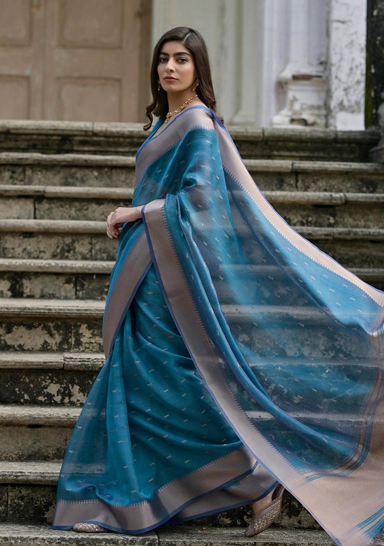 Firozi Zari Weaving Silk Saree Set