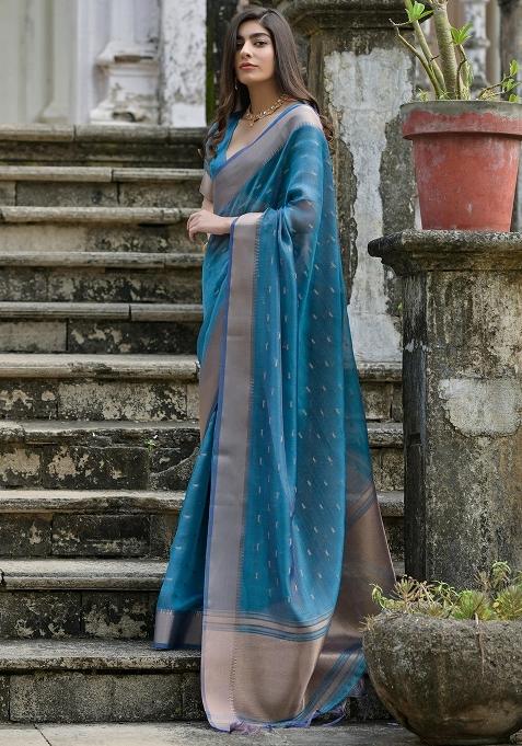 Firozi Zari Weaving Silk Saree Set