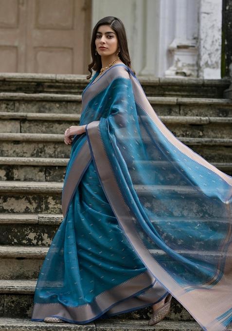 Firozi Zari Weaving Silk Saree Set