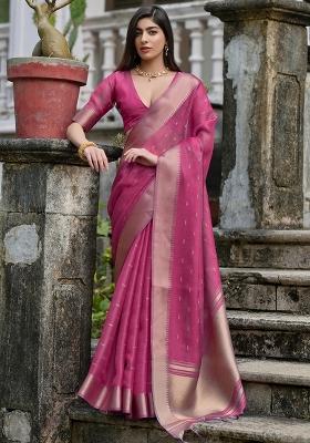 Pink Zari Weaving Silk Blend Saree Set