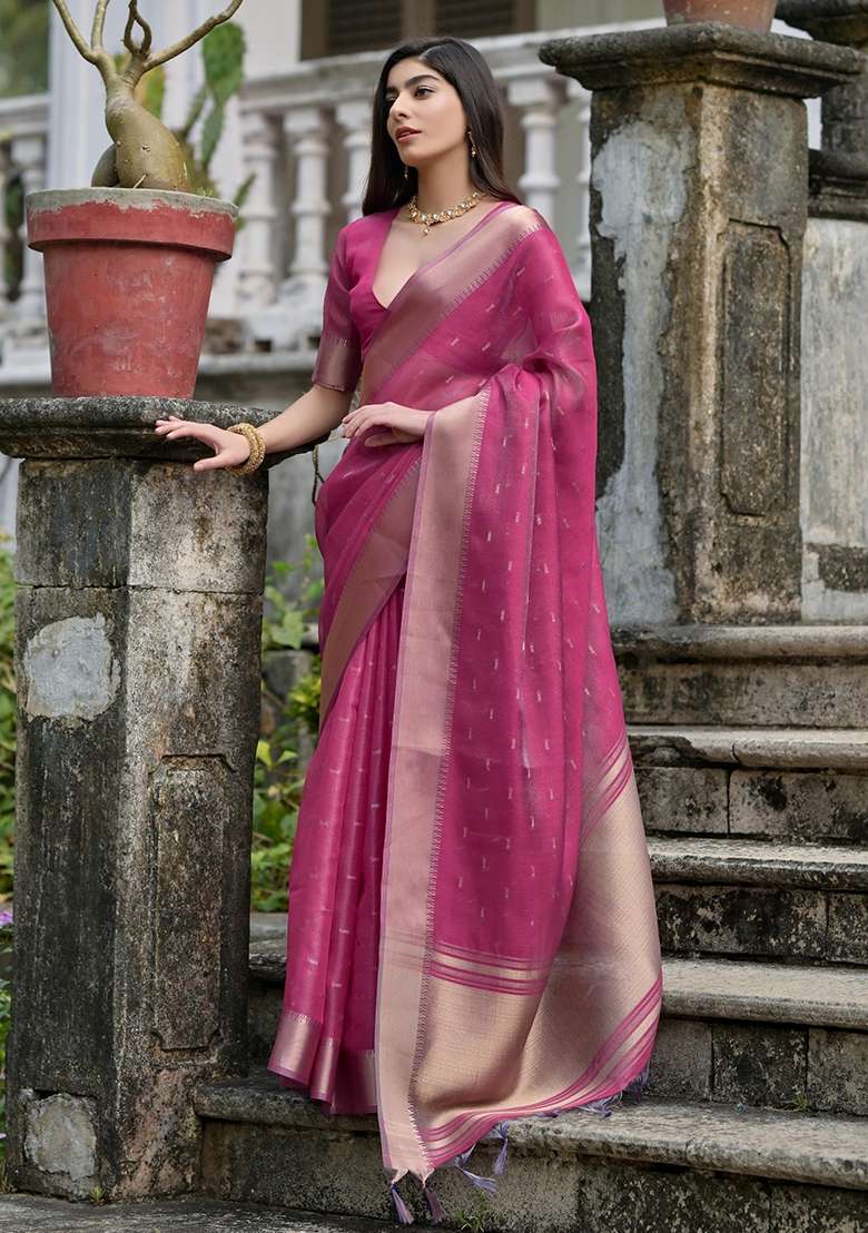 Pink Zari Weaving Silk Blend Saree Set for Diwali and Festive Wear - Indya
