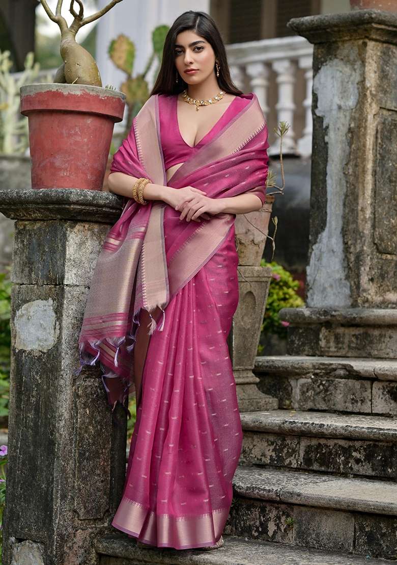Pink Zari Weaving Silk Blend Saree Set for Diwali and Festive Wear - Indya