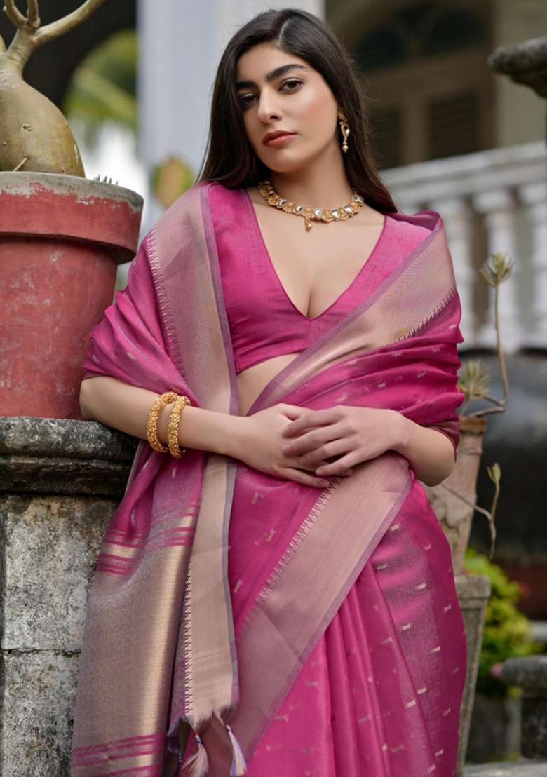 Pink Zari Weaving Silk Blend Saree Set for Diwali and Festive Wear - Indya