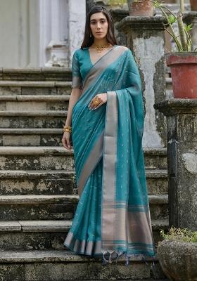 Rama Zari Weaving Silk Saree Set