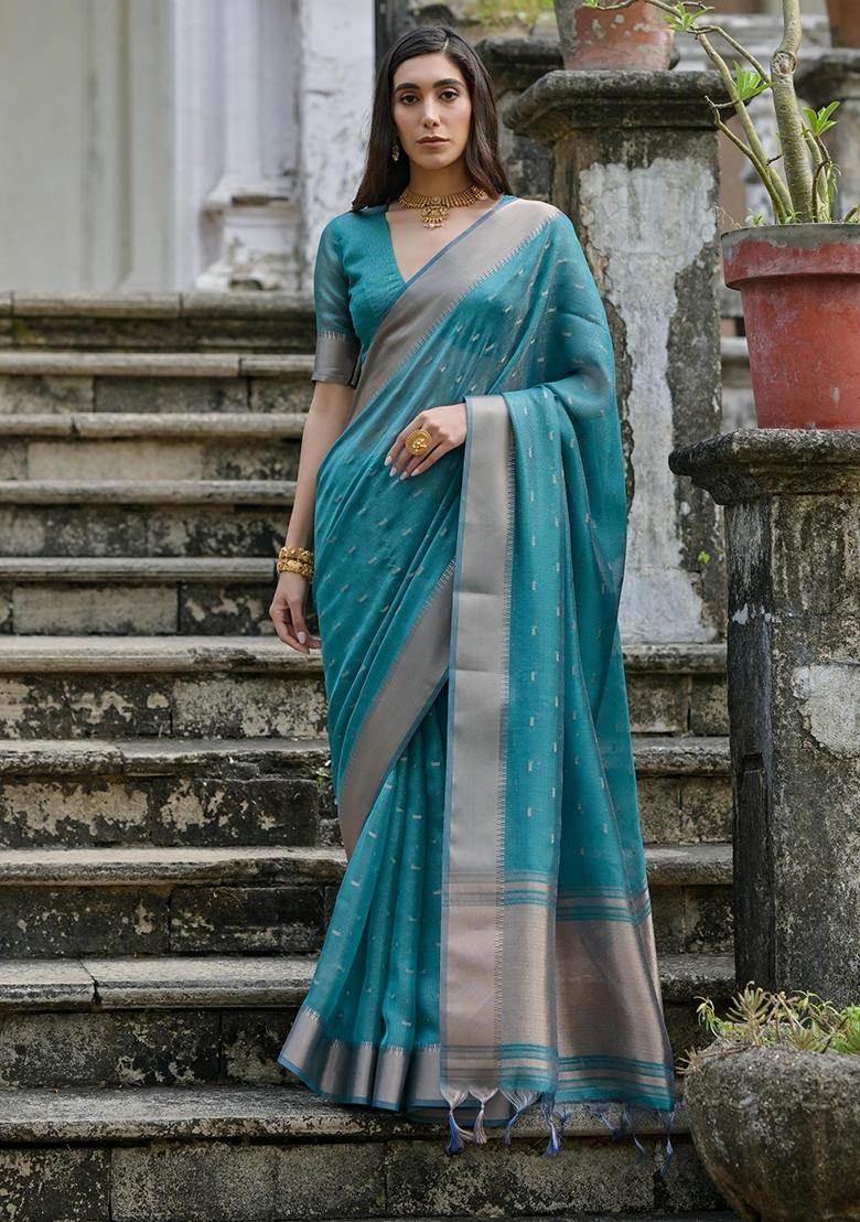 Rama Zari Weaving Silk Saree Set