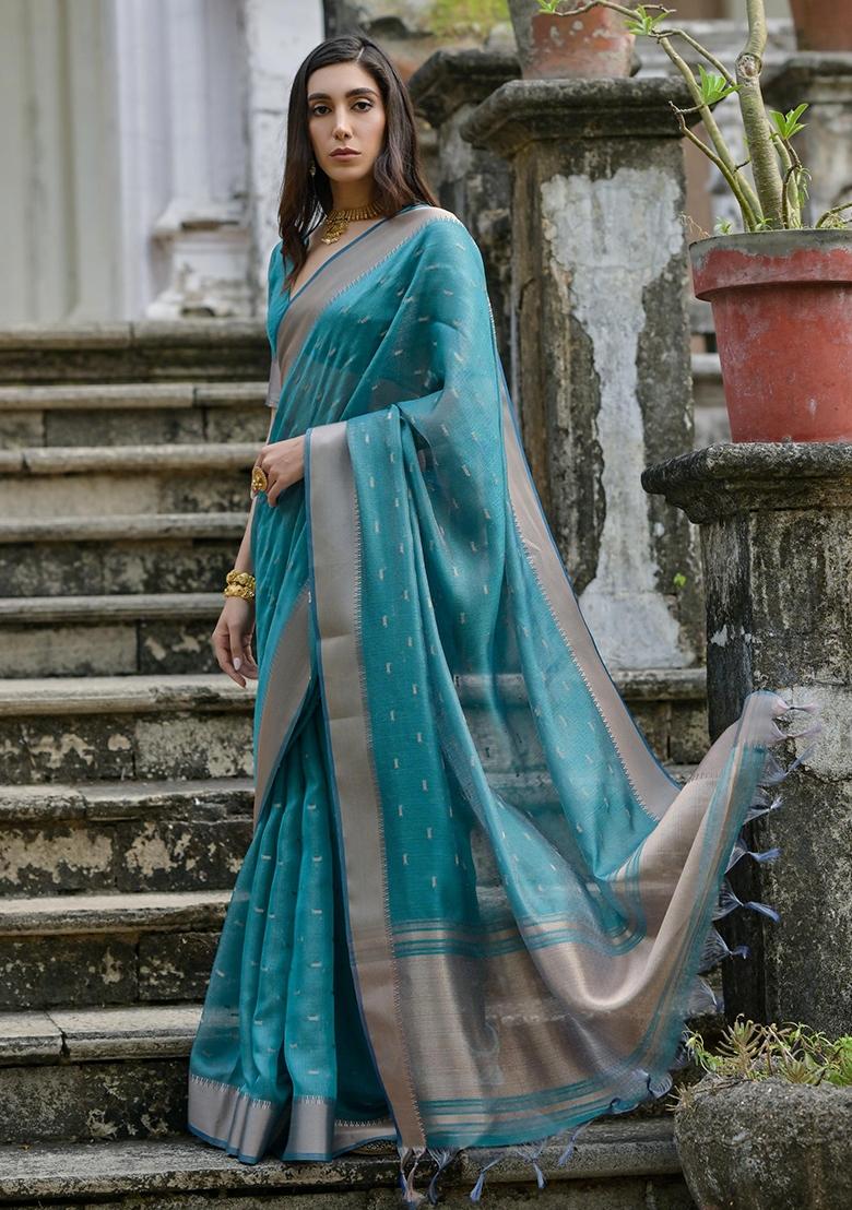 Rama Zari Weaving Silk Saree Set