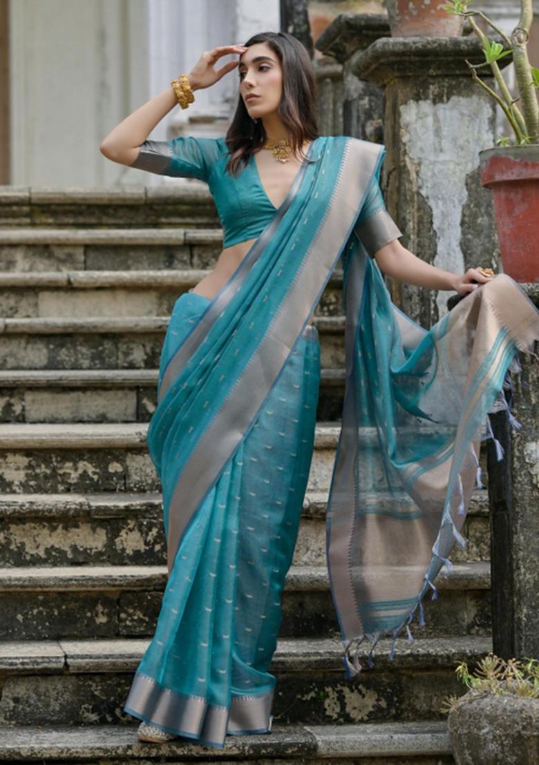 Rama Zari Weaving Silk Saree Set