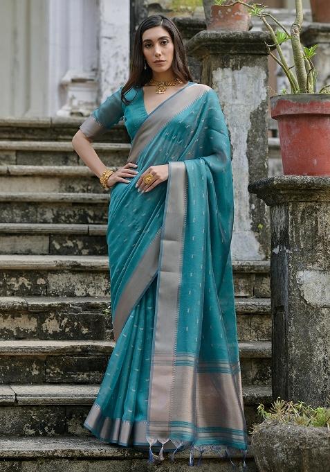 Rama Zari Weaving Silk Saree Set