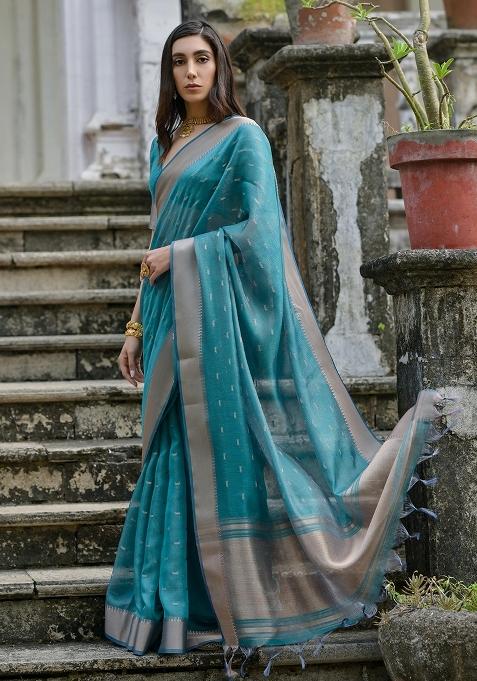 Rama Zari Weaving Silk Saree Set