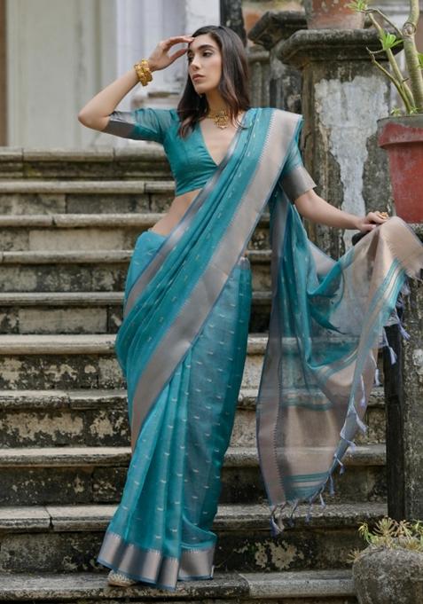 Rama Zari Weaving Silk Saree Set