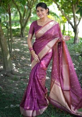 Wine Zari Weaving Silk Blend Saree Set