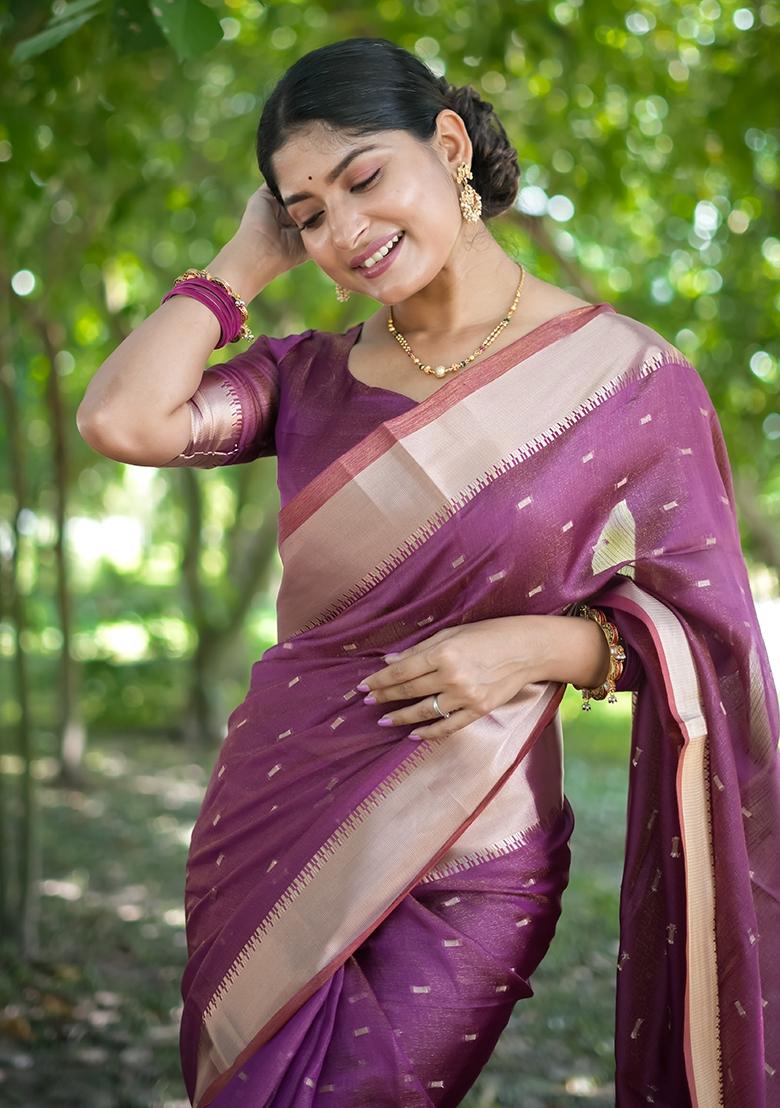 Wine Zari Weaving Silk Saree Set