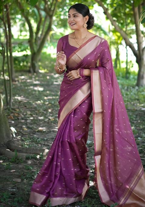 Wine Zari Weaving Silk Saree Set