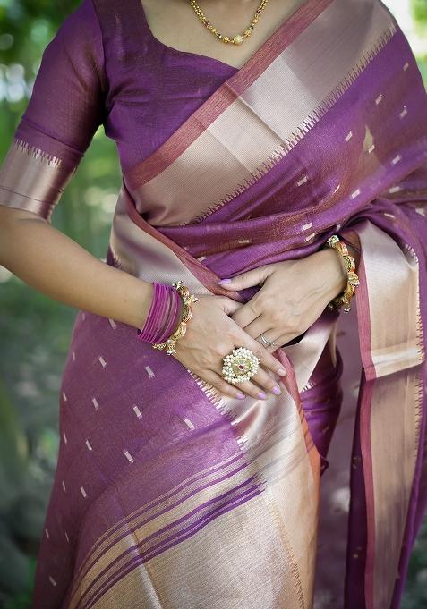 Wine Zari Weaving Silk Saree Set